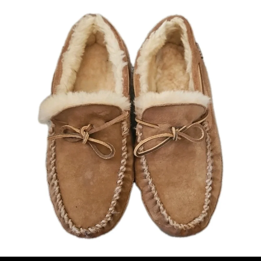 L.L.Bean Mens Tan Wicked Good Suede And Shearling Warm Indoor Outdoor Moccasins